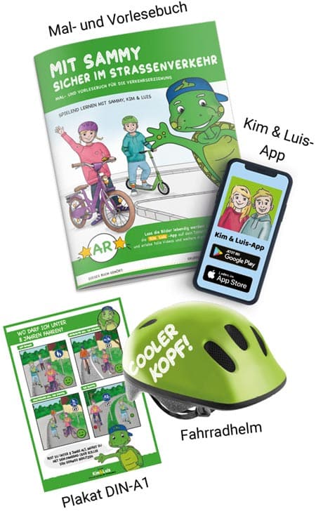 Mal- und Vorlesebuch zur Verkehrserziehung, Plakate und KinderFahrradhelme helfen sicher durch den Straßenverkehr